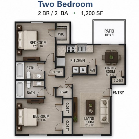 Floor plan for 2 beds, 2 baths, 1200 sqft